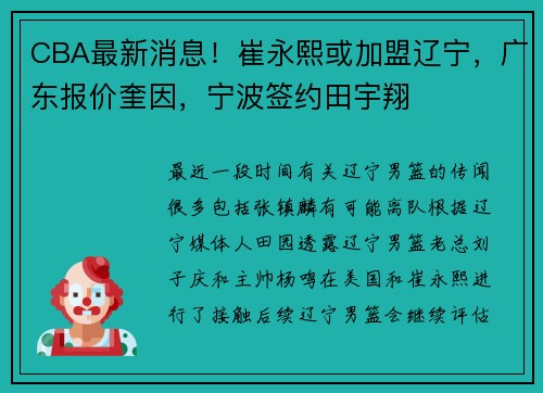 CBA最新消息！崔永熙或加盟辽宁，广东报价奎因，宁波签约田宇翔